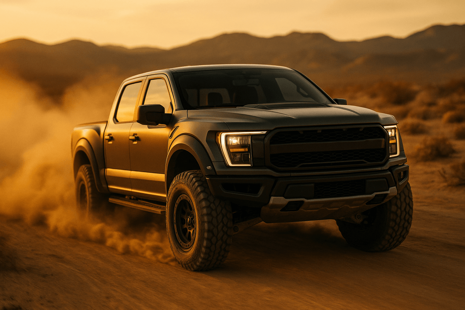AI concept off-road pickup in desert action