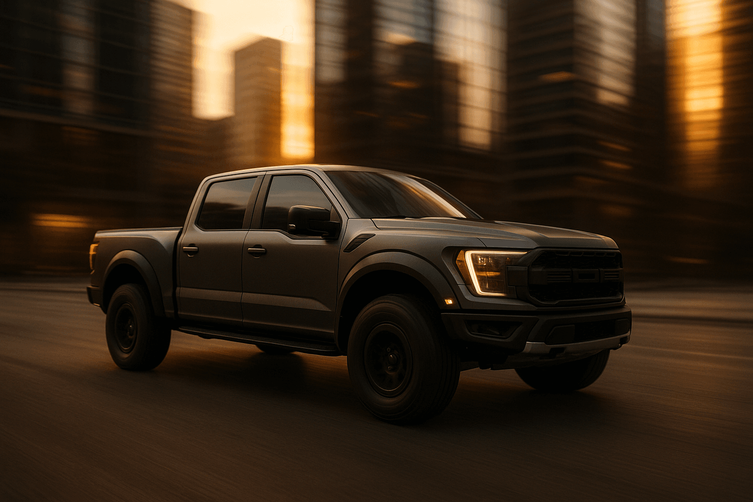 AI concept off-road pickup driving through downtown (left-to-right)