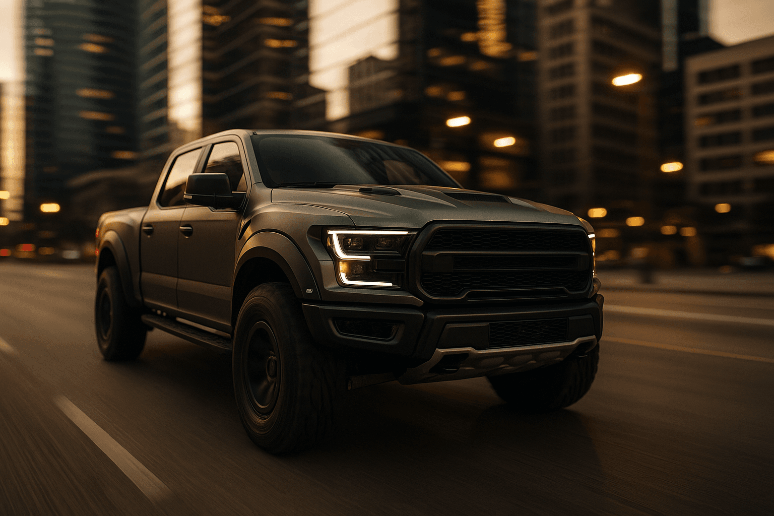 Aggressive off-road pickup driving through downtown left-to-right (AI concept)