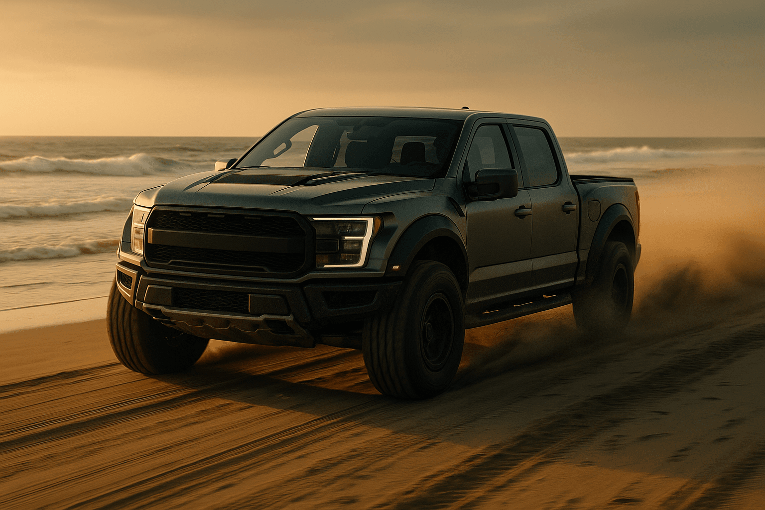 Aggressive off-road pickup driving on beach sand with ocean visible (AI concept)