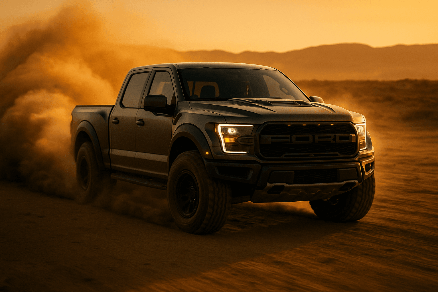 Aggressive off-road pickup in desert action (AI concept)
